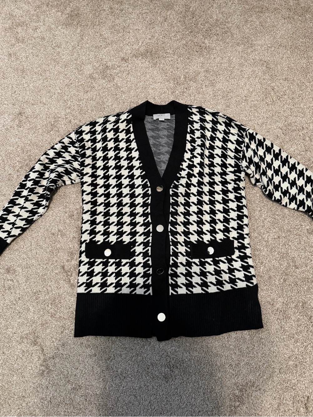LOFT Black & White Houndstooth V-Neck Button Cardigan